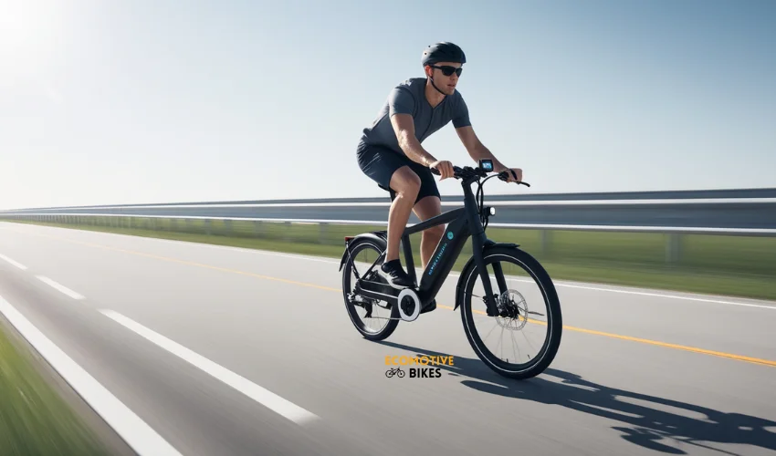 A man riding an e-bike on an empty highway